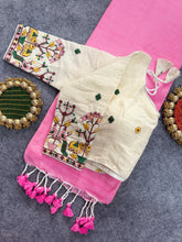 Baby Pink Handloom Cotoon Saree With Embrodry Work Stitched Blouse
